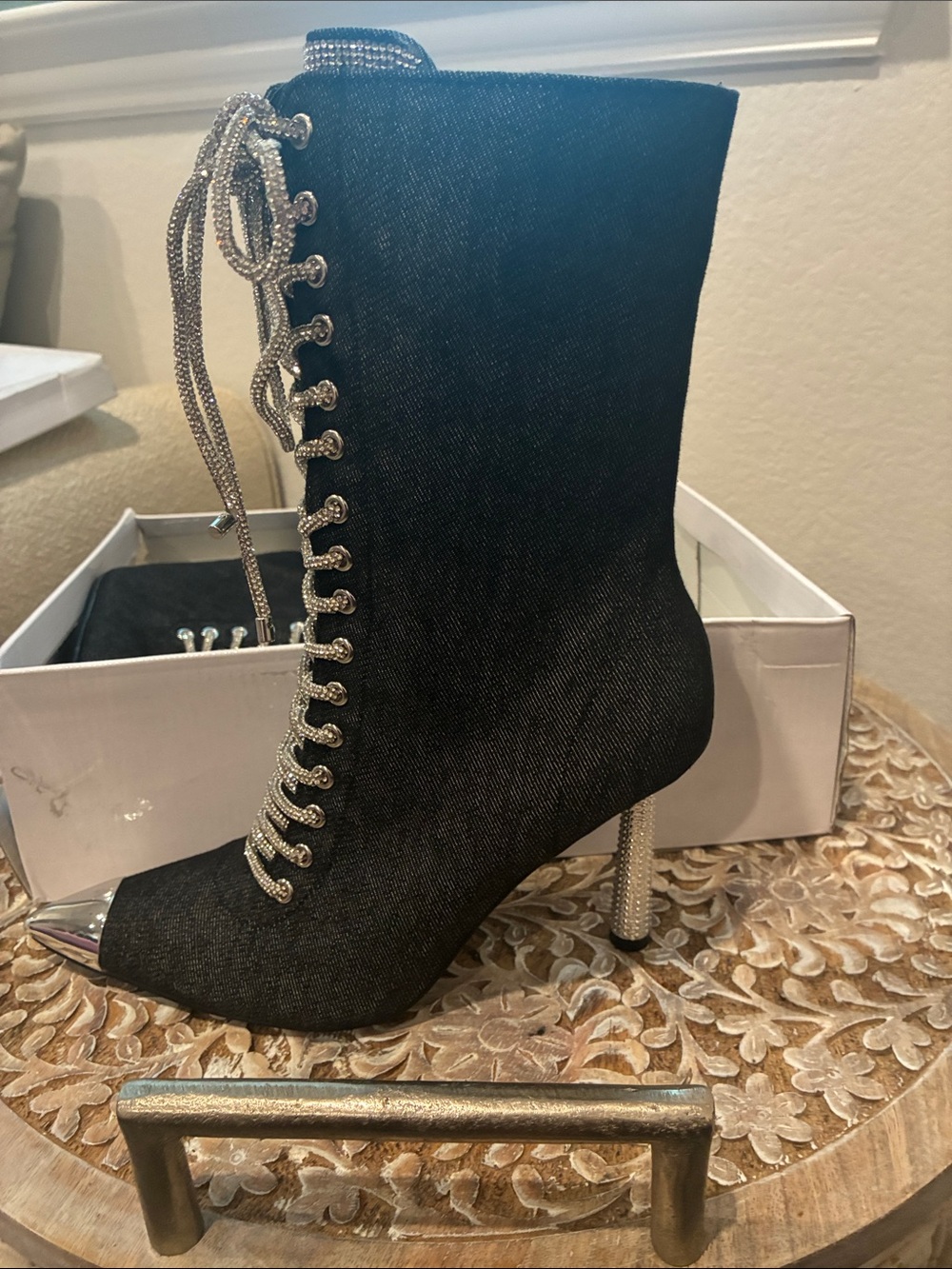 Mata Shoes Black Lace-Up Ankle Boots with Silver Accents